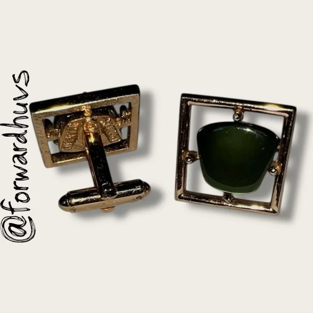 Sarah Coventry Gold Tone Cufflinks – 3/4” Green Stone
